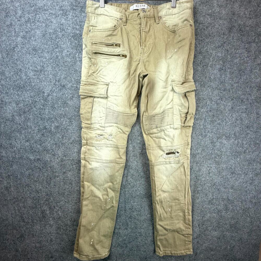 Guess Jeans Mens 32 Beige Slim Tapered Cargo Streetwear Paint Splatter Grunge